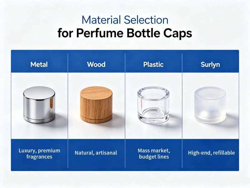 Perfume Bottle Cap Materials: Metal vs Wood vs Plastic vs Surlyn – A Buyer‘s Guide 2026